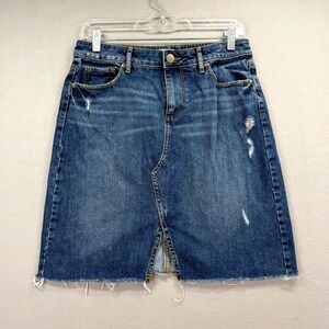 Vintage LOFT Straight Pencil Skirt Womens 4 Blue Denim Distressed Raw Frayed Hem